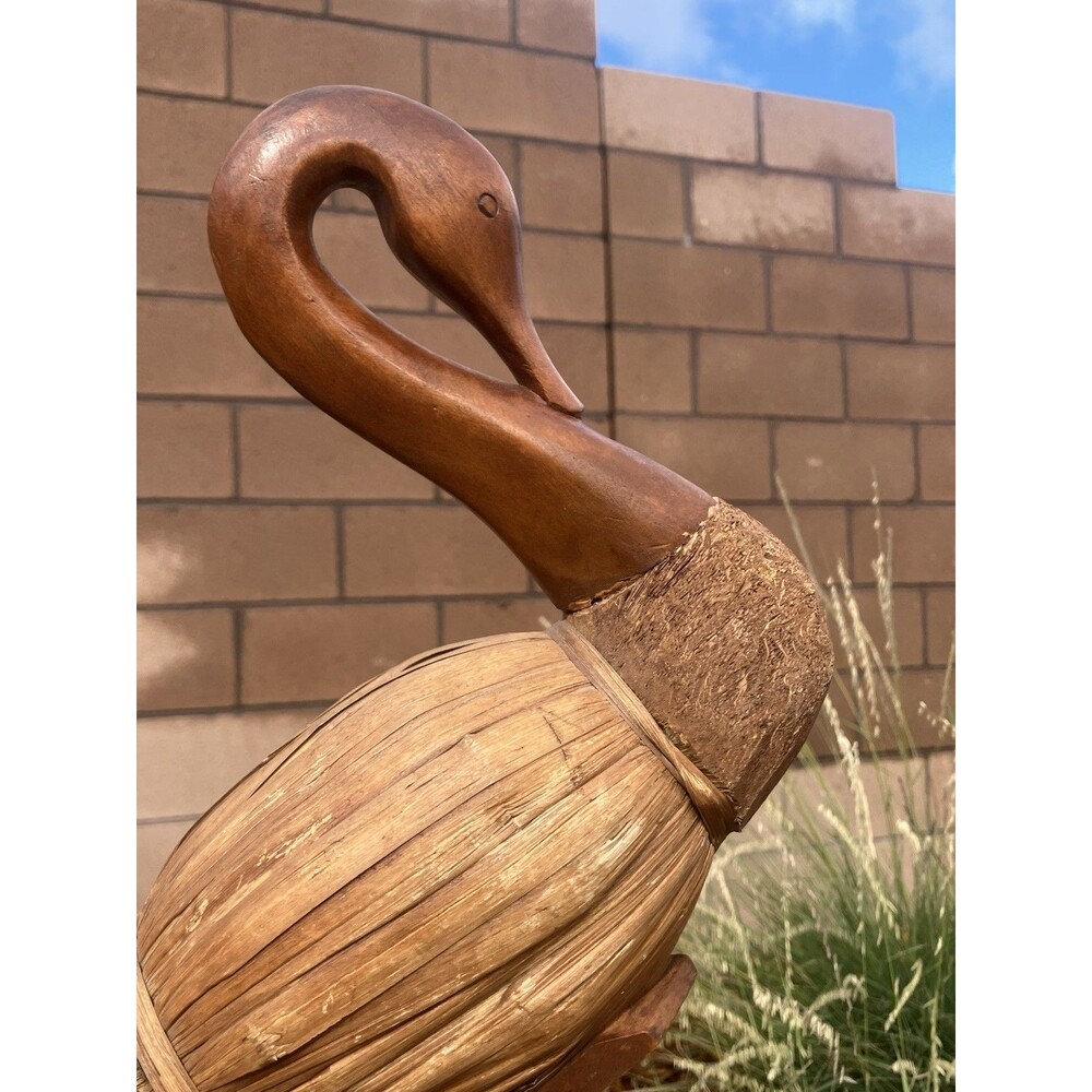 VTG Hand Carved Wood Swan Goose Coconut Husk Reed Fill Art Sculpture 12”